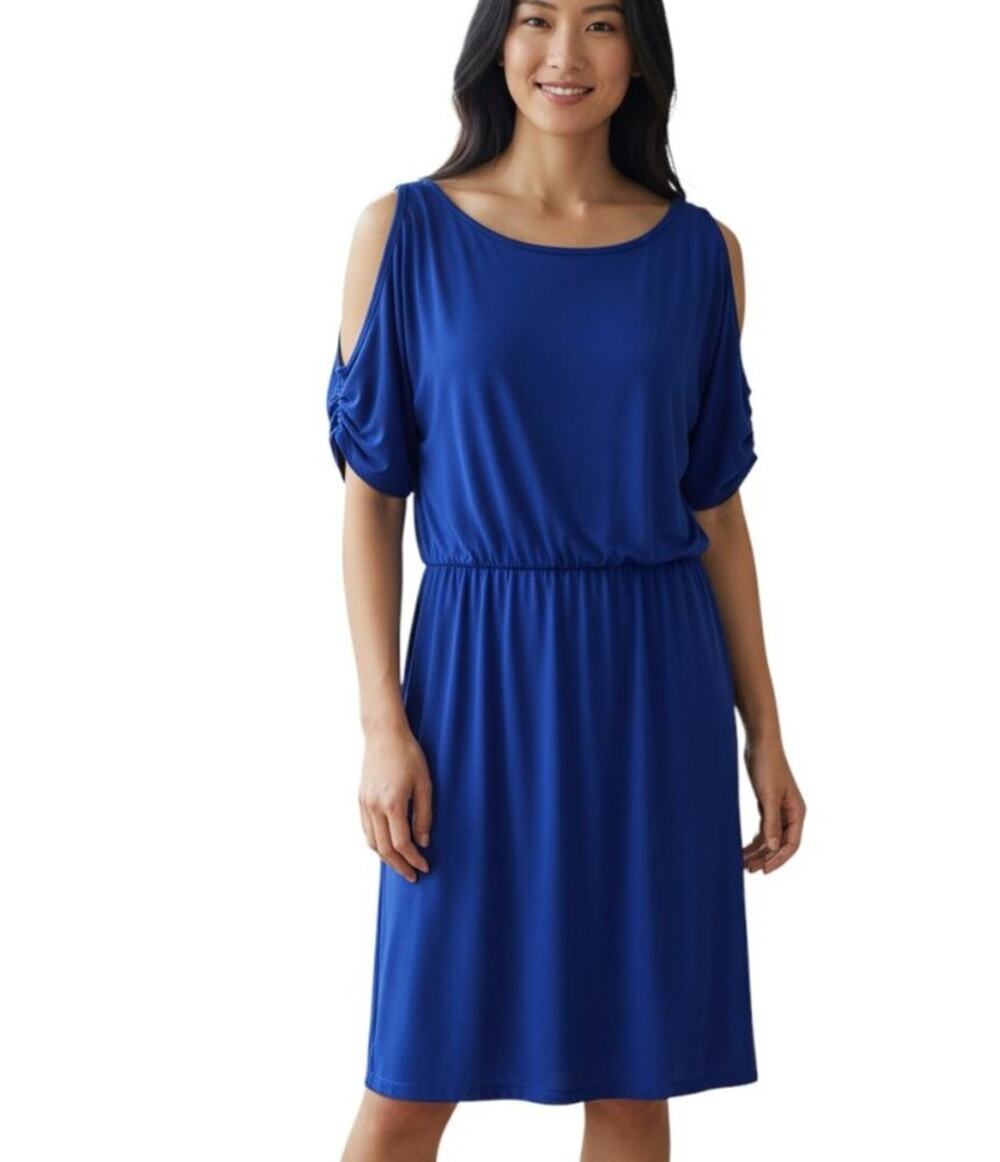 Evan Piccone SZ 12 Dress Drop Waist Cobalt Blue Stretch Cutout Sleeves Midi